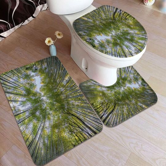 Bamboo Bath Rug Set Toilet Seat Cover Rustic Bamboo Forest Green Leaves