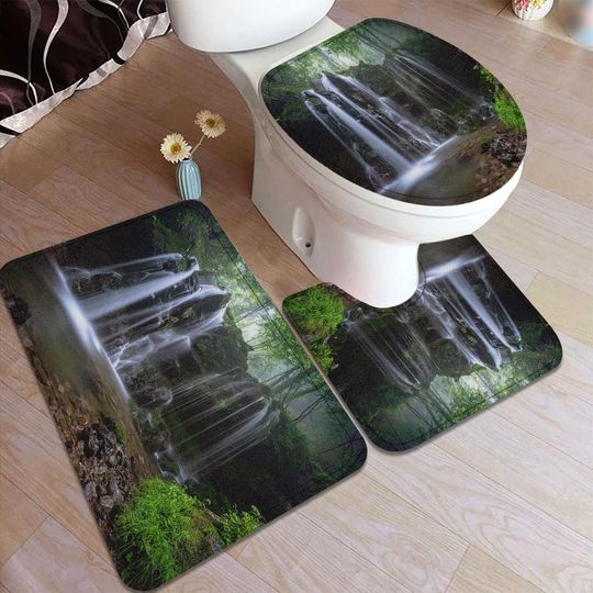 Waterfall Forest Bath Rug, Toilet Seat Cover, Tropical Rainforest Lake Spa Toilet