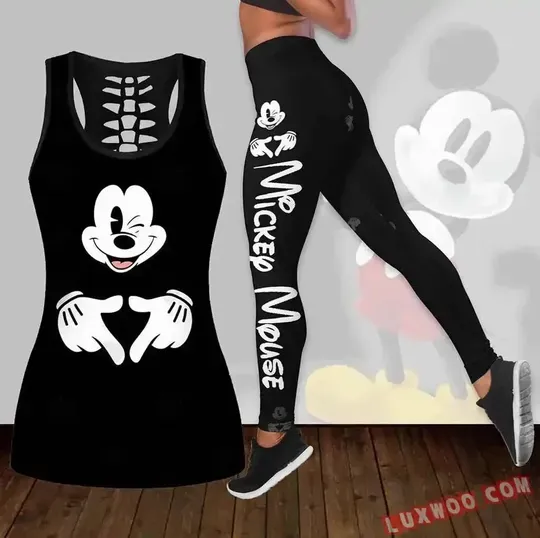 New Mickey Mouse Women's Hollow Tanktop Leggings Yoga Set