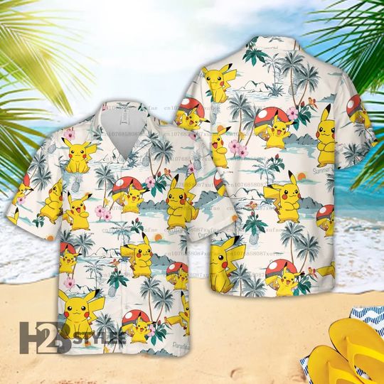 PKM Pika PKM Hawaiian Shirt, Aloha Anime Raichu Shirt