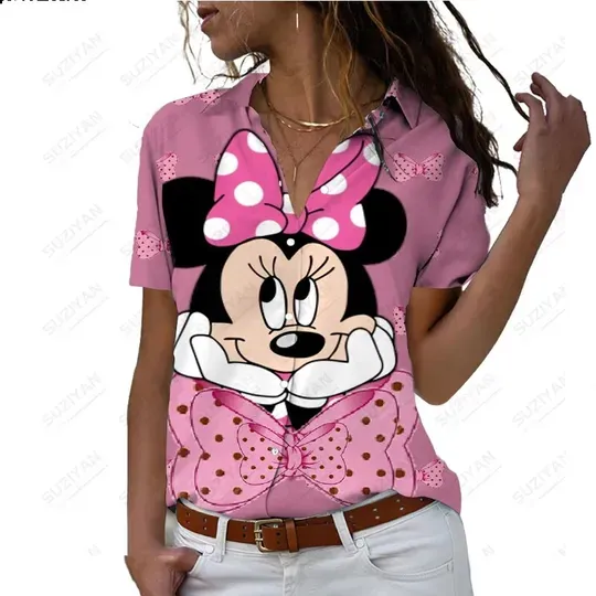 Disney Women's Short Sleeve Shirt Button Pink Minnie Shirt