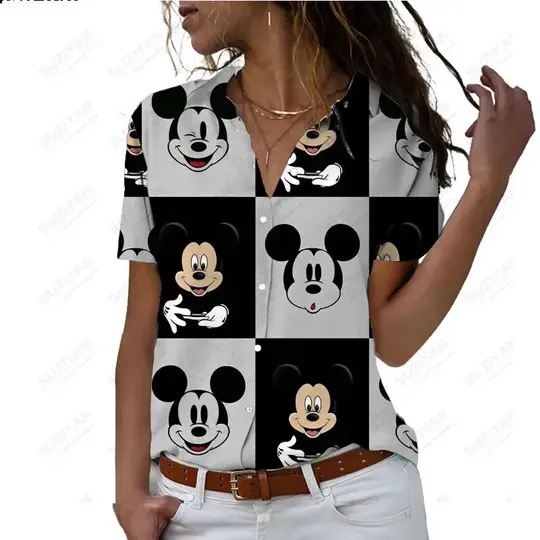 Disney Mickey Mouse Print Shirt Women's Short Sleeve Shirt Summer