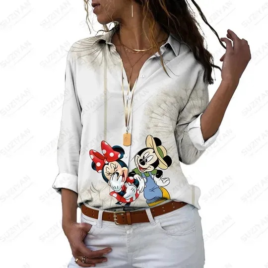 Women'S Disney Mickey Minnie 3D Printed Women's Long Sleeve Shirt Casual