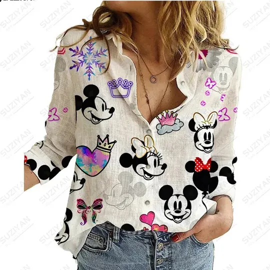Disney Flower Style Women's Long Sleeve Shirt Casual Elegant Button