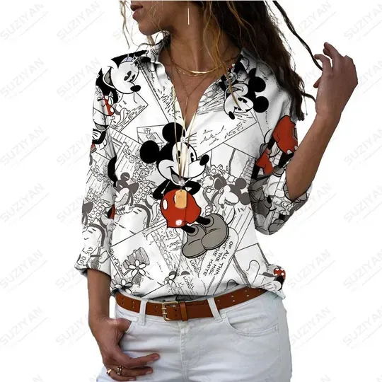Disney Mickey and Minnie Cute Cartoon Women's Long Sleeve Shirt Casual