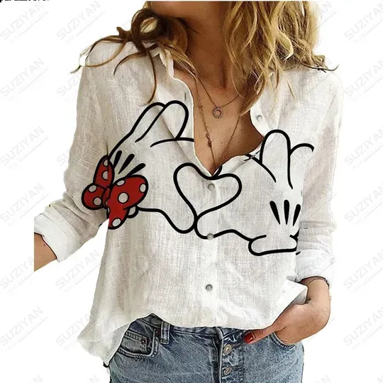 Disney Cute 3D Printed Women's Long Sleeve Shirt Casual Elegant Button