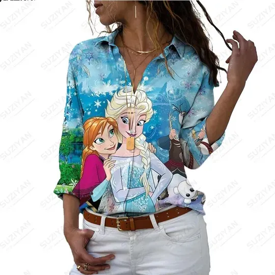 Spring Disney Princess Elsa Printed Women's Long Sleeve Shirt Casual Elegant