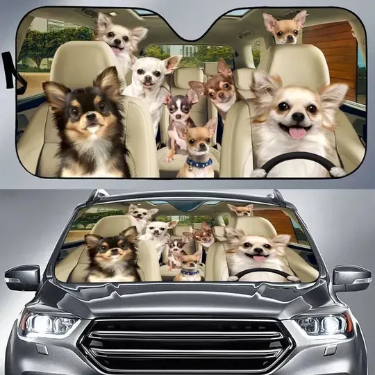 Chihuahua Car Sun Shade, Chihuahua Windshield, Dogs Family Sunshade