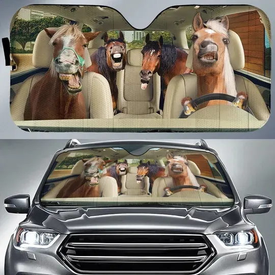 Funny Horse Driving 3D Printing Car Sun Visor Auto Decoration