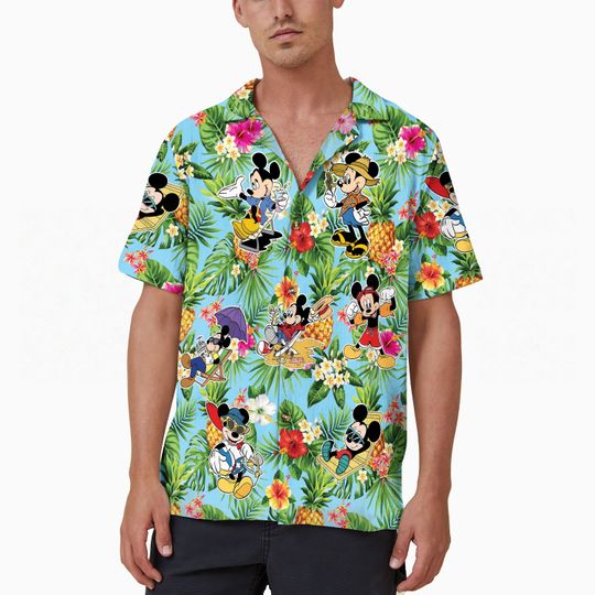 Disney Mickey Pineapple Button Up Shirt, Tropical Hawaiian Short Sleeve Shirt