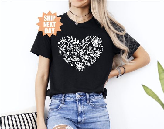 Floral T-Shirts For Women, Heart Design Floral T-Shirt