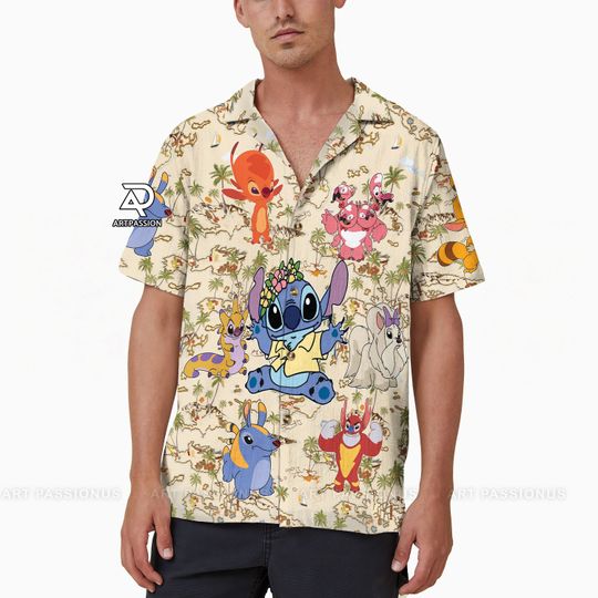 Stitch and Friends Button Up Shirt, Stitch Hawaiian Shirt