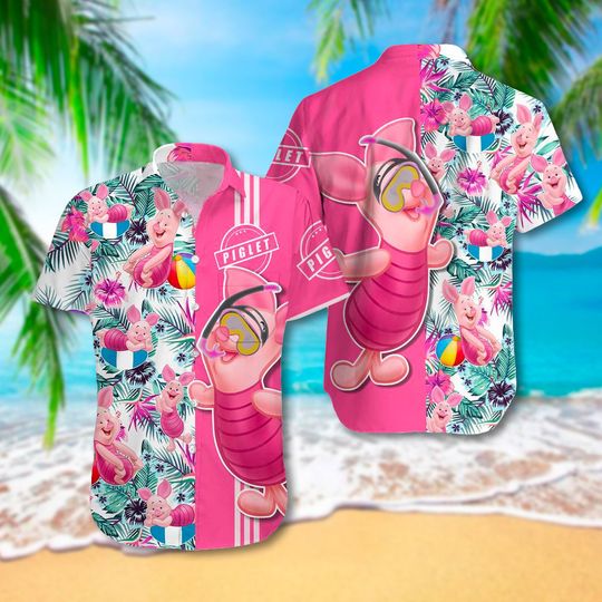 Animated Pink Pig Hawaii Beach Shirt, Pig Hawaiian Shirt