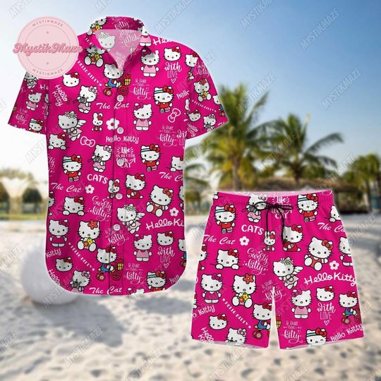 Hello Kitty Button Shirt, Kitty Cat Short Men, Hello Kitty Hawaiian Shirt