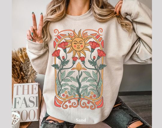 Boho Floral Sweatshirt, Art Nouveau Unisex Floral Sweatshirt