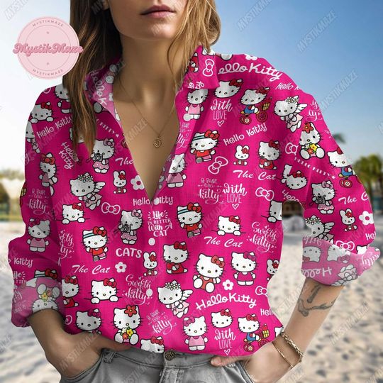 Hello Kitty Linen Shirt, Kitty Cat Linen Blouse, Hello Kitty Button Up Shirt