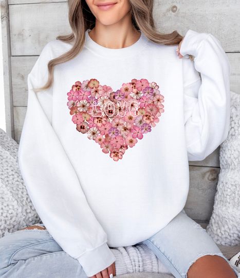 Pressed Wildflower Sweatshirt, Heart-shaped Floral Sweatshirt