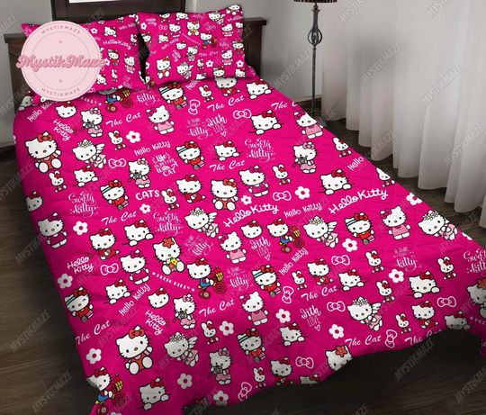 Hello Kitty Quilt Bed Set, Kitty Cat Bedding Set.