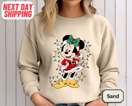 Disney Mickey and Minnie Mouse Santa Costume Christmas Lights Couples Sweatshirt