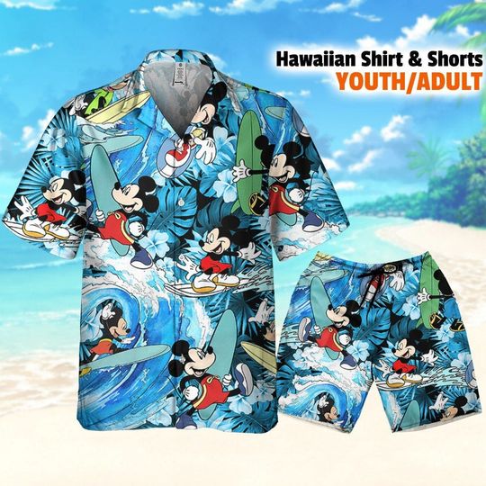 Disney Mickey Summer Surfing Happy Life, Mickey Aloha Shirt, Disney Hawaiian Shorts