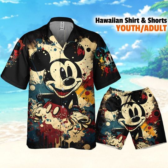 Disney Mickey Painting Colorful Style Black, Mickey Aloha Shirt, Disney Hawaiian Shorts