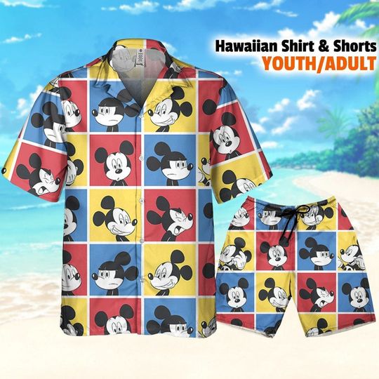Disney Mickey Mouse Vintage Pop Art Emotion Shirt, Hawaii Shorts, Mickey Aloha