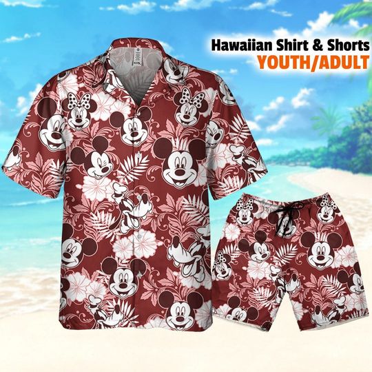 Disney Mickey Minnie Goofy Seamless Summer Tropical Red Style Hawaii Shirt