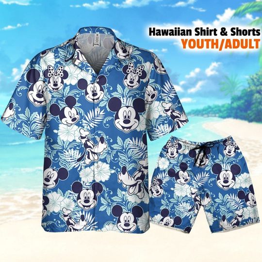 Disney Mickey Minnie Goofy Seamless Summer Tropical Blue Style Hawaii Shirt