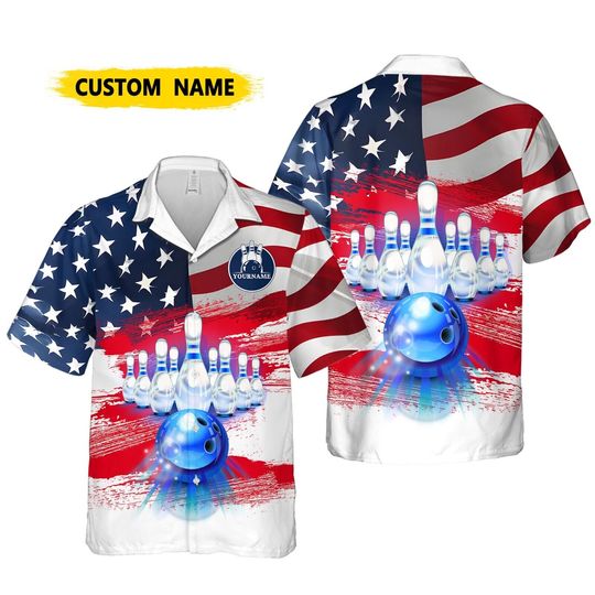 Custom Bowling Personalize Name Neon Retro, USA Bowling Button Hawaiian Shirt