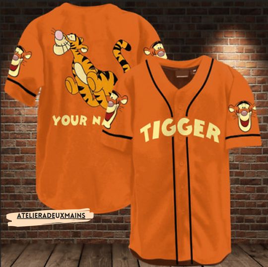 Custom Name Orange Funny Tigger 3D BASEBALL JERSEY SHIRT, Tigger Baseball Jersey Shirt