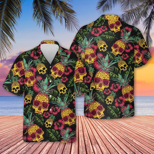Pineapple Skull Black Hawaiian Shirt,  Summer Skull