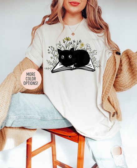 Cat and Book Shirt, Flower Shirt, Book Shirt, Bookish Shirt