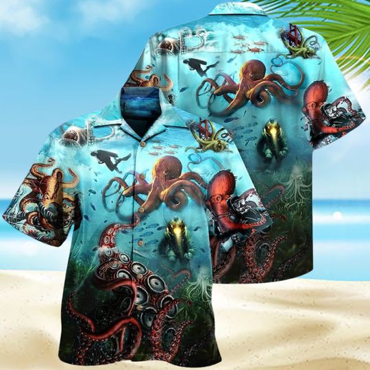 Octopus Giant And Diver Hawaiian Shirt, Shark Summer Shirt