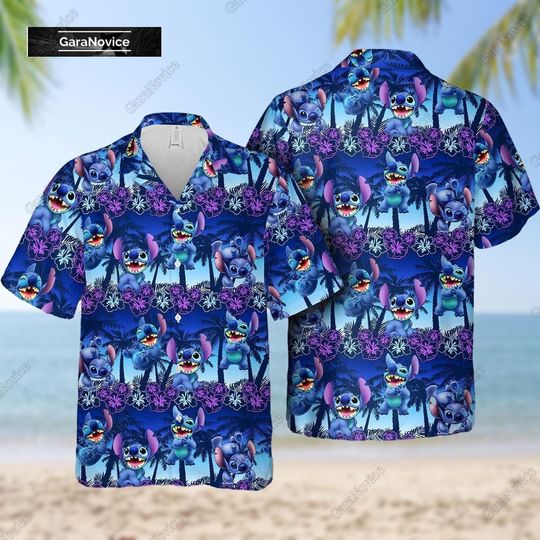 Stitch Cartoon Hawaiian Shirt, Disney's Lilo & Stitch Cartoon Movie Button Shirt