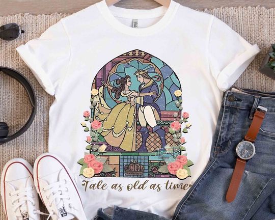 Disney Beauty & The Beast Stained Glass Rose Graphic Shirt, Belle Princess Tee