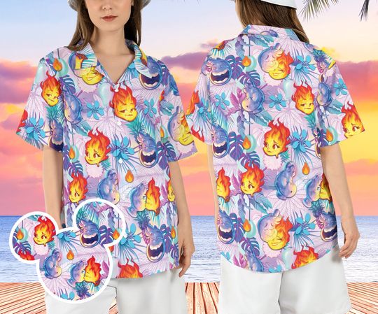 Disneyland Pixar Elemental Hawaiian, Wade and Ember Hawaiian, Elemental Beach Aloha Shirt