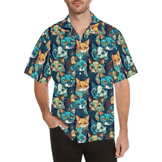 Cat Print Hawaiian Shirt, Green Hawaii Shirt