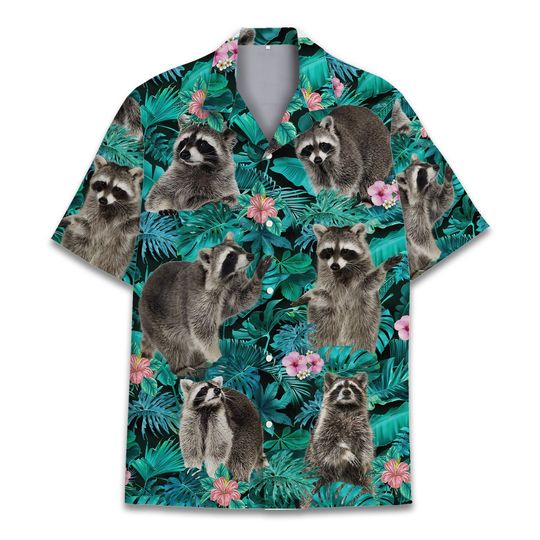 Tropical Racoon Hawaiian Shirt, Animal Casual Mens Hawaiian Shirt