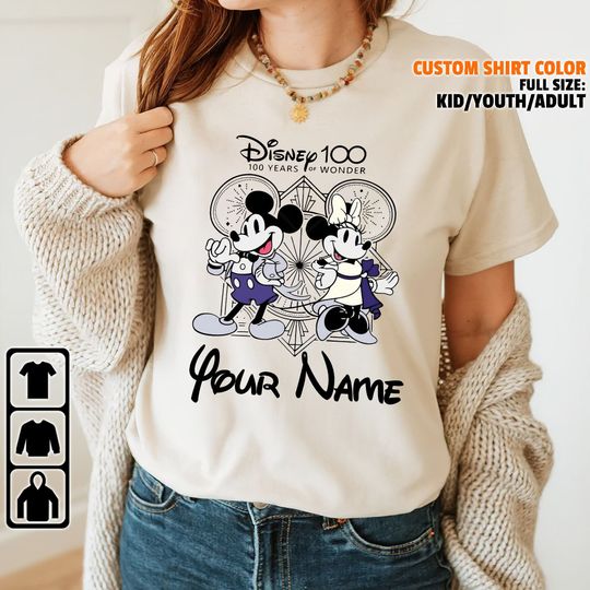Personalized Disney 100 Years of Wonder Mickey and Minnie Logo Disney Shirt, Disney Family Matching Shirt