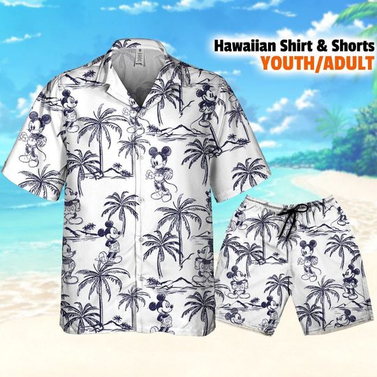 Disney Mickey Skecth Summer Tropical Palm Tree Hawaii Shirt Short
