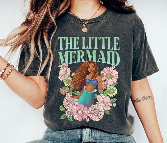 Retro The Little Mermaid Floral Shirt, Black Mermaid Shirt