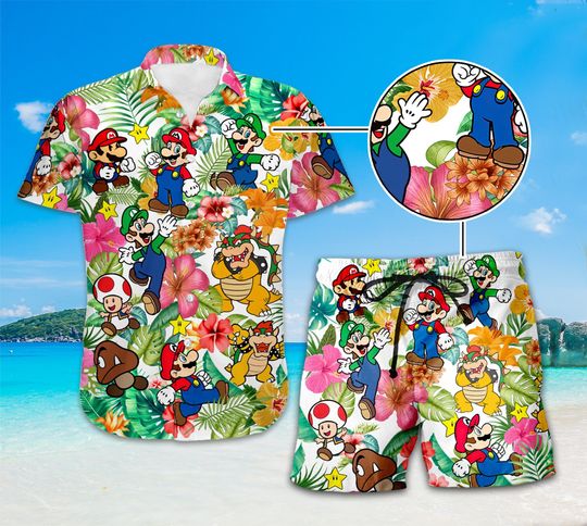 Super Mario Hawaii Shirt And Shorts, Mario and Luigi Tropical Hawaiian Shirt and Shorts