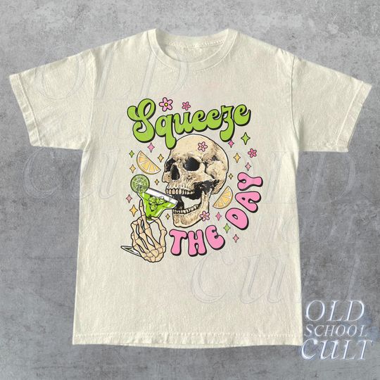 Retro Squeeze The Day Graphic T-Shirt, Vintage Skeleton Y2k Shirt