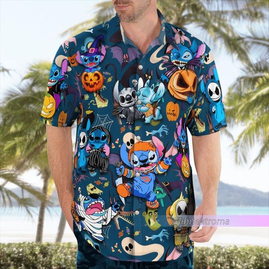 Lilo And Stitch Button Up Shirt, Stitch Halloween Hawaiian Shirt