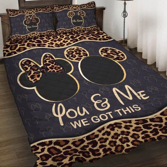 Personalized Valentine Leopard Mickey Minnie Heads Couple 3D Bedding Set