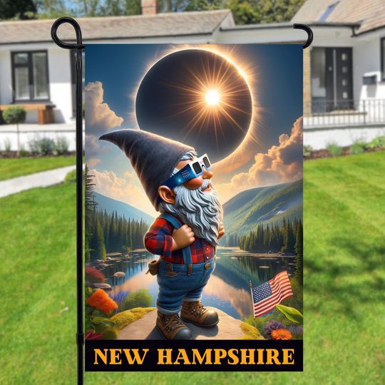 New Hampshire Total Solar Eclipse 2024 Gnome Garden Flag, 2024 solar eclipse, Outdoor Spring Garden Flag