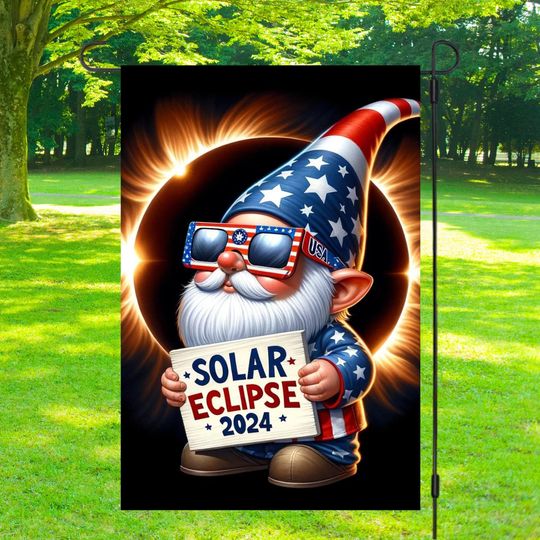 Total Solar Eclipse 2024 Gnome Garden Flag, 2024 solar eclipse, Garden Flag Sublimation Design