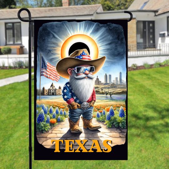 Texas Total Solar Eclipse 2024 Gnome Garden Flag, 2024 solar eclipse, Outdoor Spring Garden Flag