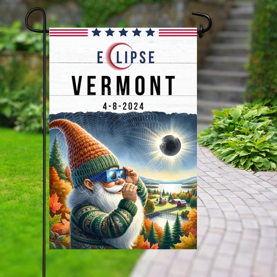 Garden Flag Sublimation Garden Flag Gnome seeing solar eclipse view in Vermont 2024