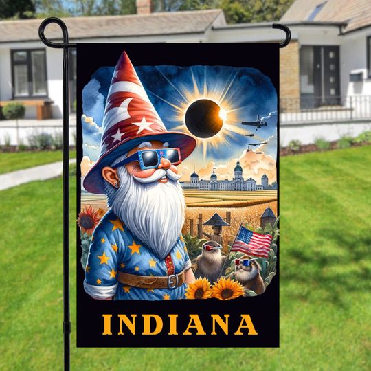 Indiana Total Solar Eclipse 2024 Gnome Garden Flag, 2024 solar eclipse, Outdoor Spring Garden Flag